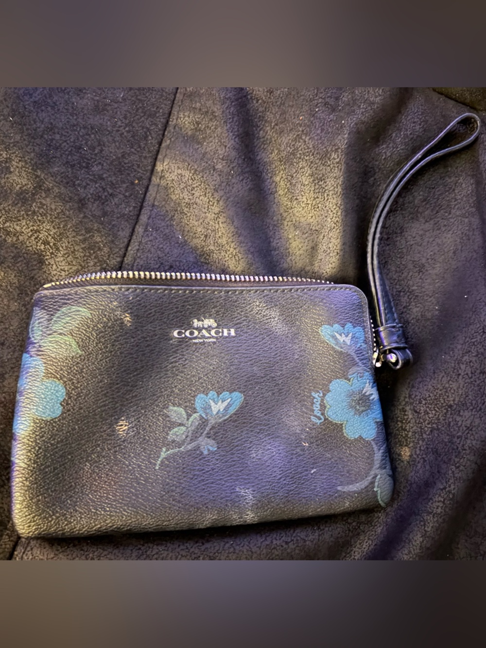 Coach Black Floral Wristlet with Blue Accents